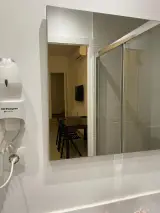 Bathroom mirror above the basin with the hairdryer and glass shower reflected, in the Interior Apartment